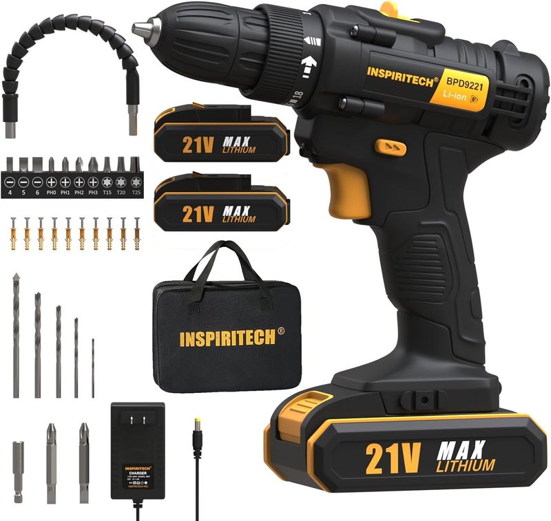 INSPIRITECH 21V Cordless Drill with 2 Batteries and Charger,3/8-Inch Keyless Chuck Power Drill Set,2 Variable Speed Electric ScrewDriver, 19 Torque Setting with Drill/Driver Bits - Image 1